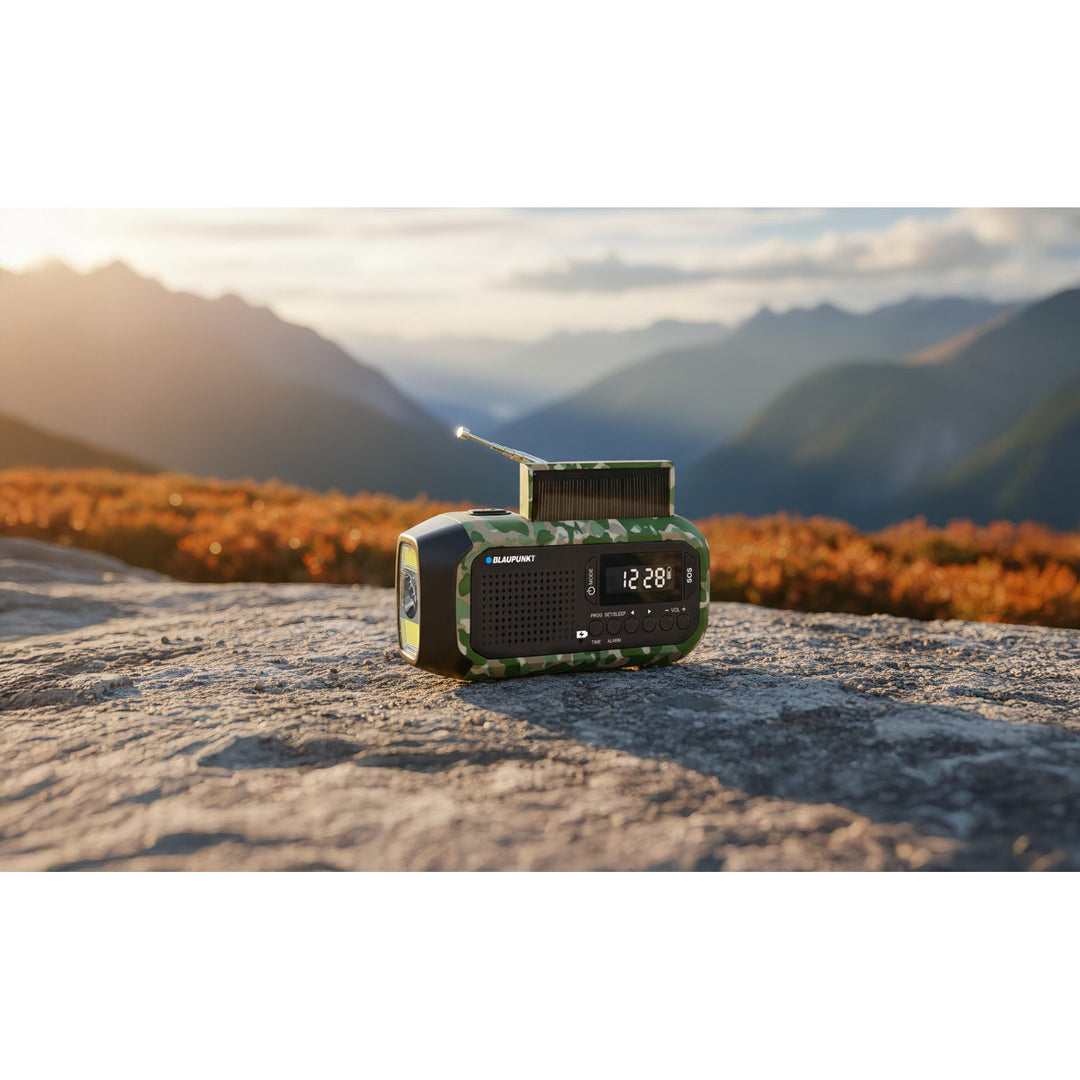 Radio FM d'alarme Blaupunkt, lampe torche LED, lampe de lecture, triple système de recharge, alarme SOS, ER20GC