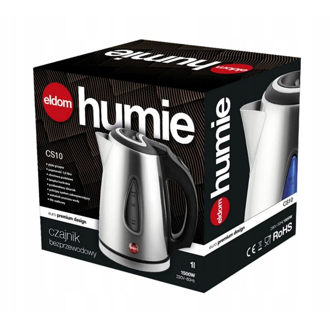 Bouilloire électrique Eldom, couleur argent, puissance 1500 W, capacité 1 L, indicateur de niveau d'eau, rétroéclairée, CS10