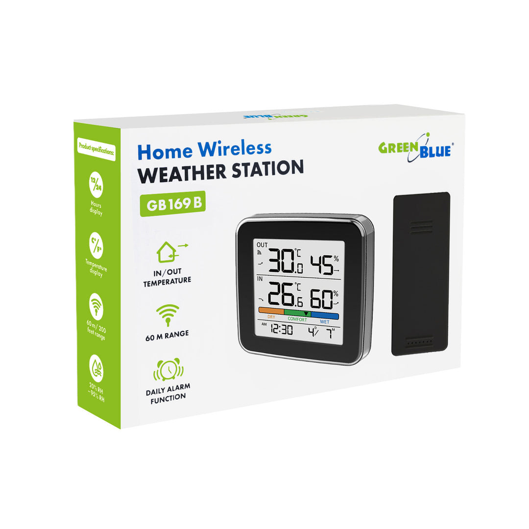 Station météo sans fil GreenBlue, température et humidité (intérieur/extérieur), horloge, alarme et date, °C / °F, portée jusqu'à 60 m, noire, GB169 B