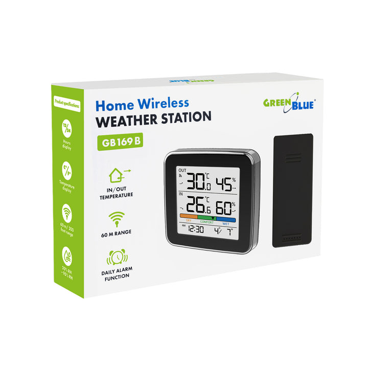 Station météo sans fil GreenBlue, température et humidité (intérieur/extérieur), horloge, alarme et date, °C / °F, portée jusqu'à 60 m, noire, GB169 B