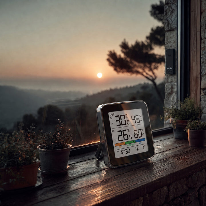 Station météo sans fil GreenBlue, température et humidité (intérieur/extérieur), horloge, alarme et date, °C / °F, portée jusqu'à 60 m, noire, GB169 B