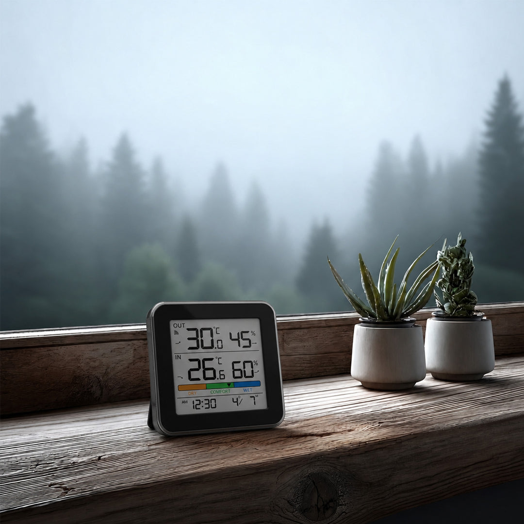 Station météo sans fil GreenBlue, température et humidité (intérieur/extérieur), horloge, alarme et date, °C / °F, portée jusqu'à 60 m, noire, GB169 B