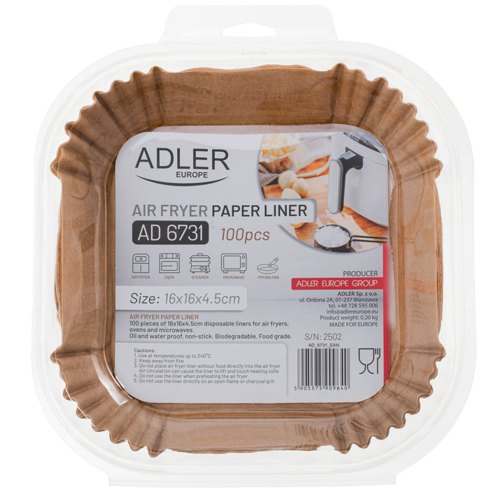 Recharges en papier pour friteuse Adler, 16 cm, jusqu'à 240 °C, biodégradables, 200 pièces, AD 6731