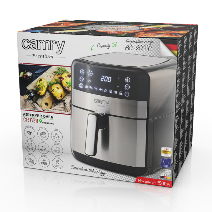 Friteuse sans huile, 9 programmes, 5,0 L, Airfryer, Camry CR 6311 + cartouches en papier pour friteuse, 16 cm, biodégradables, 100 pièces