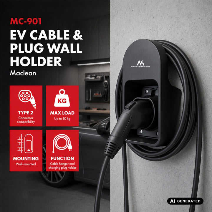 Support mural pour câble et prise de chargeur EV Maclean, universel, type 2, charge maximale 10 kg, MC-901