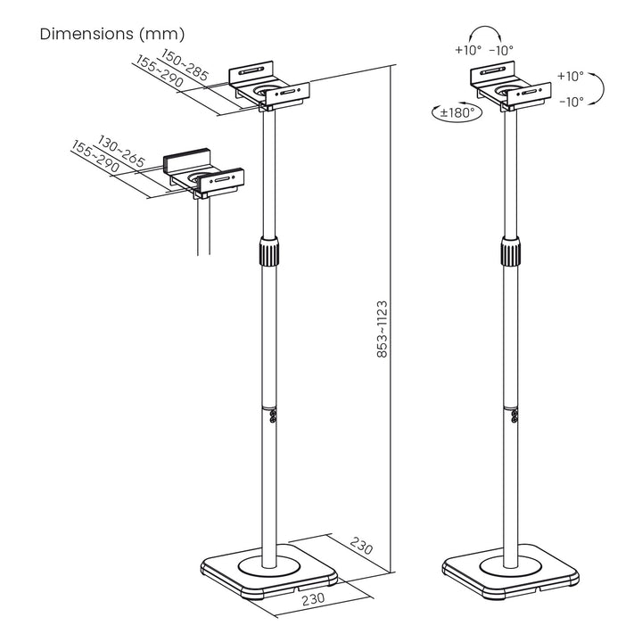 Lot de pieds de sol pour enceintes Maclean, universels, réglables verticalement et horizontalement de +10° à -10°, 5 kg max., MC-916