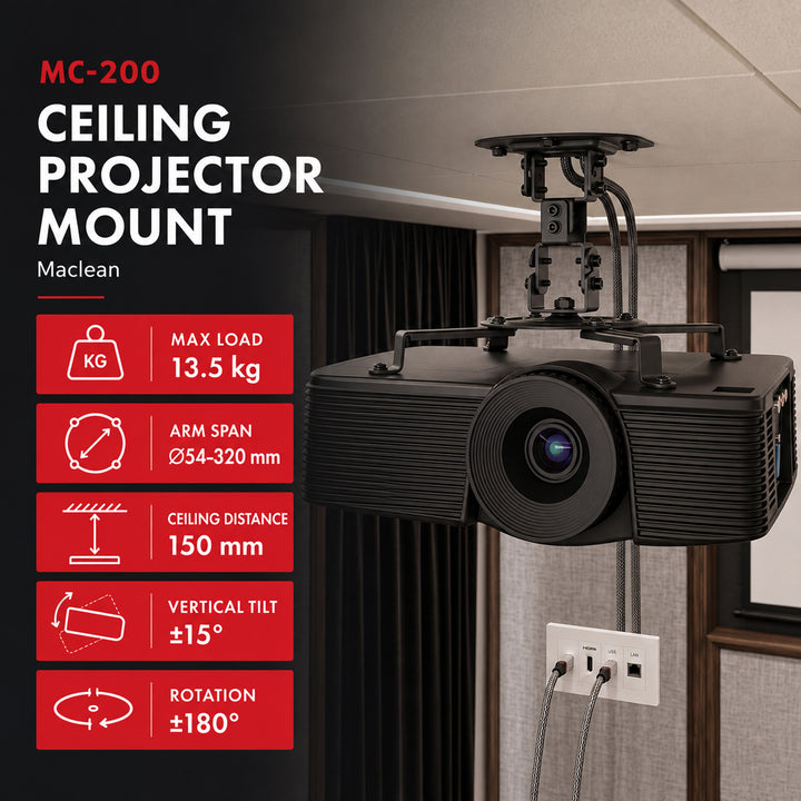 Support / suspension au plafond pour projecteur Maclean, 54~320 mm, jusqu'à 13,5 kg, rotation à 360 degrés MC-200 B
