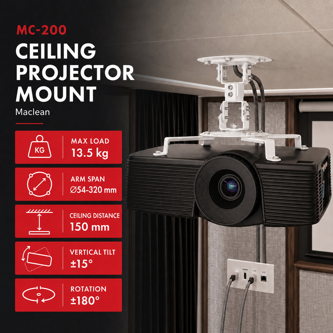 Support / suspension au plafond pour projecteur Maclean, 54 à 320 mm, jusqu'à 13,5 kg, rotation à 360 degrés MC-200 W