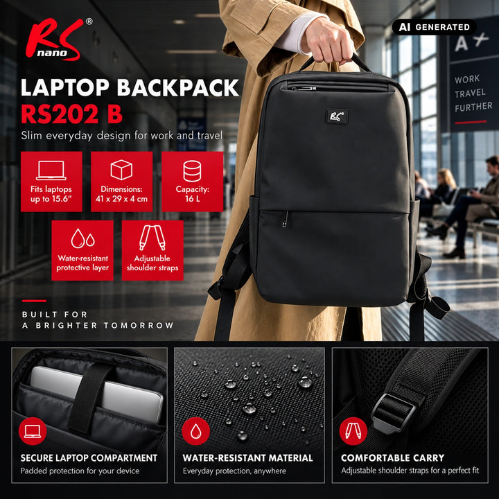 Sac à dos pour ordinateur portable NanoRS, 15,6 pouces, noir, 41 x 29 x 4, imperméable RS202 B