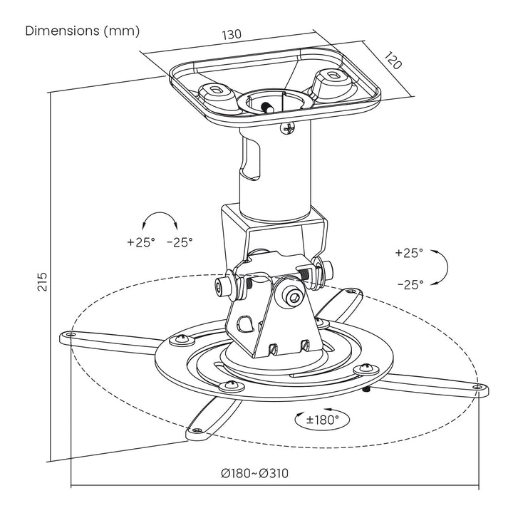 Support / suspension au plafond pour projecteur Maclean, en acier, 180 à 310 mm, jusqu'à 15 kg, MC-208 W