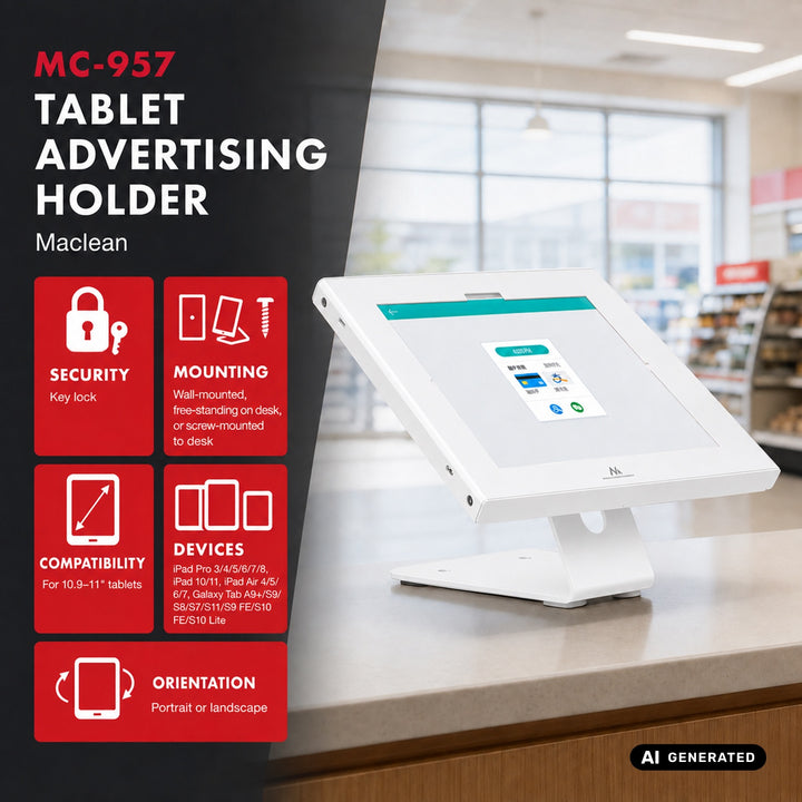 Support publicitaire pour tablette Maclean, avec système de verrouillage, 10,9" à 11", iPad Air/Pro, Samsung Tab séries A et S, 220 x 323 x 22 mm, MC-957 W