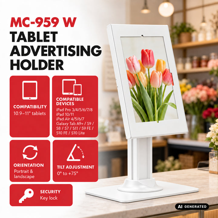 Support publicitaire pour tablette Maclean, avec système de verrouillage, 10,9"-11", iPad Air/Pro, Samsung Tab séries A et S, 220 x 323 x 22 mm, MC-959 W
