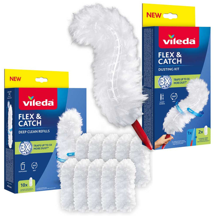 Balayette Vileda Flex&Catch, avec manche court, protection anti-glissement, tête flexible + 10 recharges