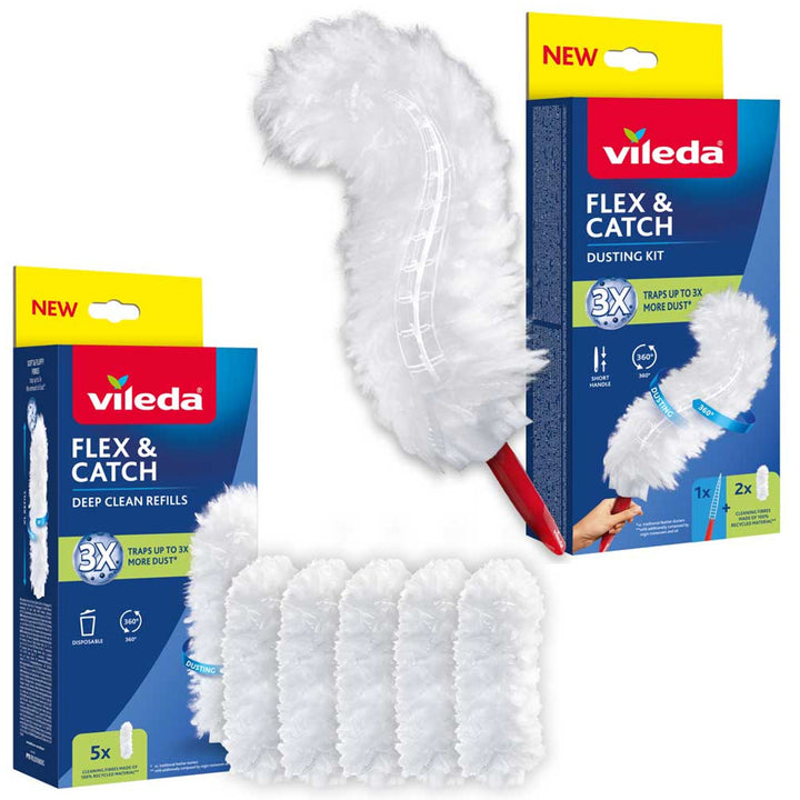 Plumeau Vileda Flex&Catch, avec manche court, protection anti-glissement, tête flexible + 5 recharges