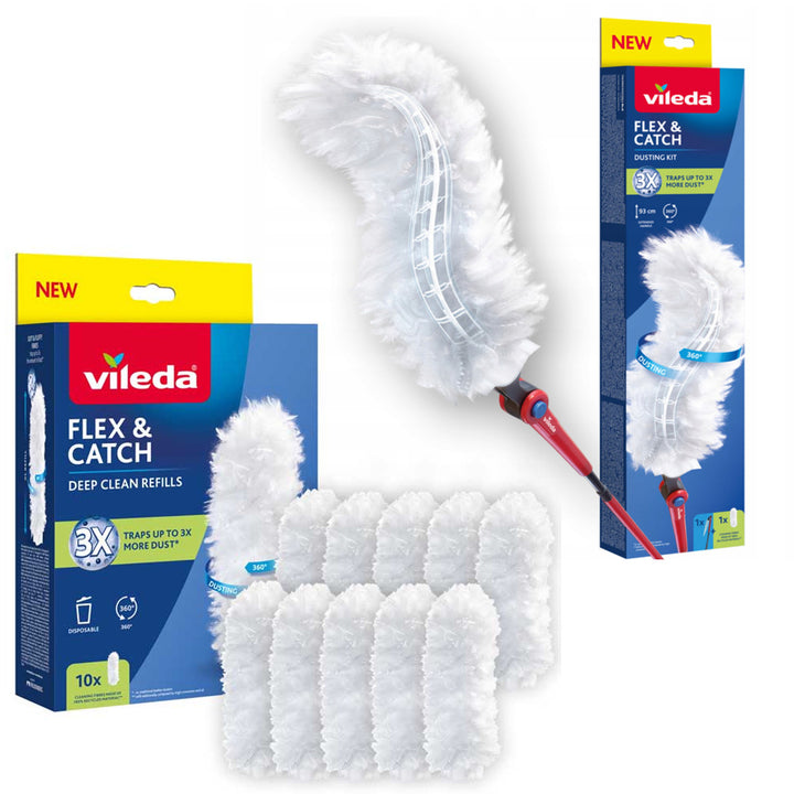 Plumeau Vileda Flex&Catch, avec manche long, protection anti-glissement, tête flexible + 10 recharges pour plumeau