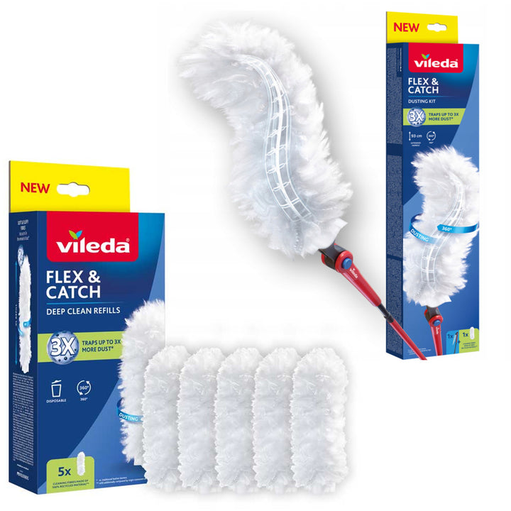 Plumeau Vileda Flex&Catch, avec manche long, protection anti-glissement, tête flexible + 5 recharges pour plumeau