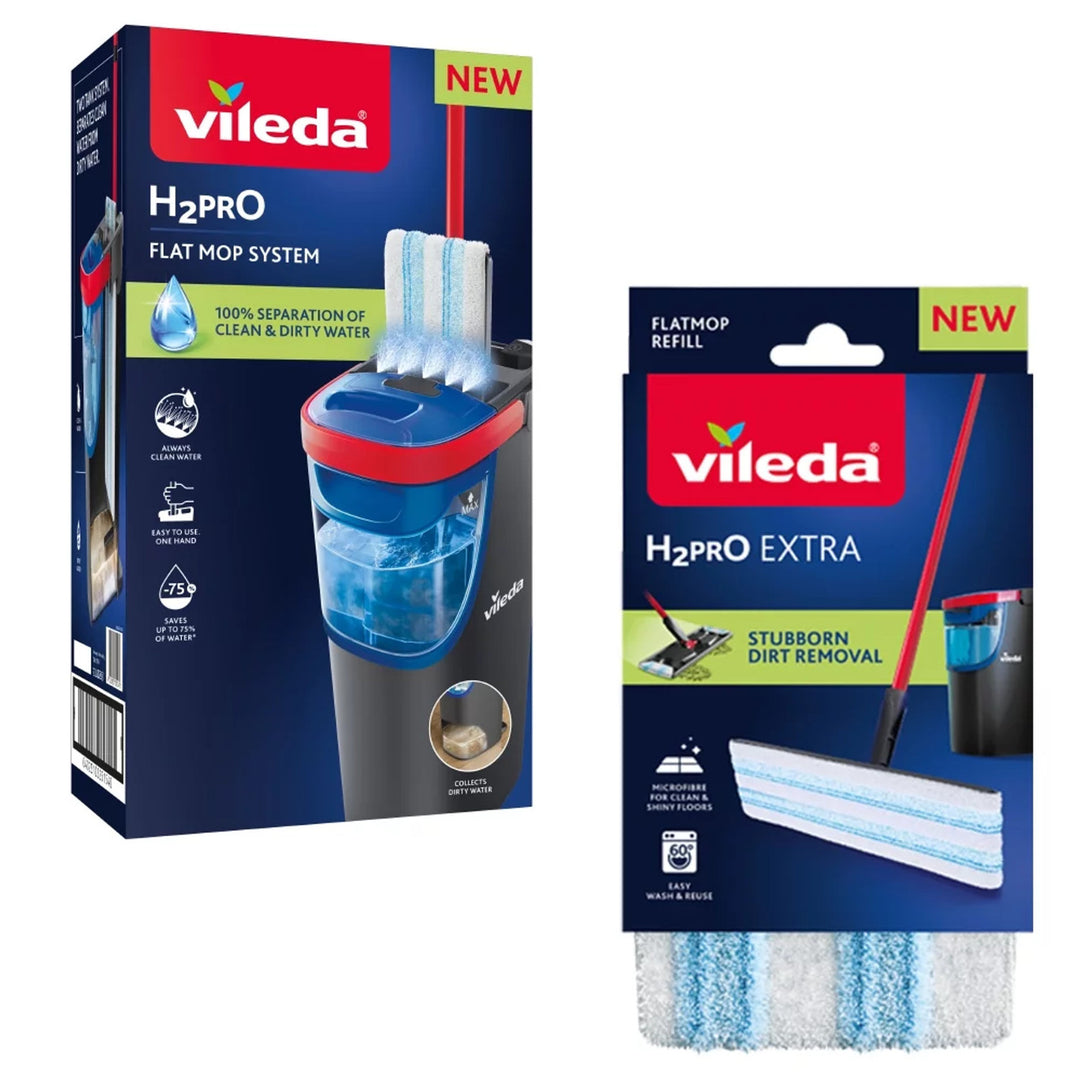Balai à franges plat Vileda H2prO, séparation à 100 % de l'eau propre et de l'eau sale, deux réservoirs, 2 housses en microfibre, embout 360°, 175774
