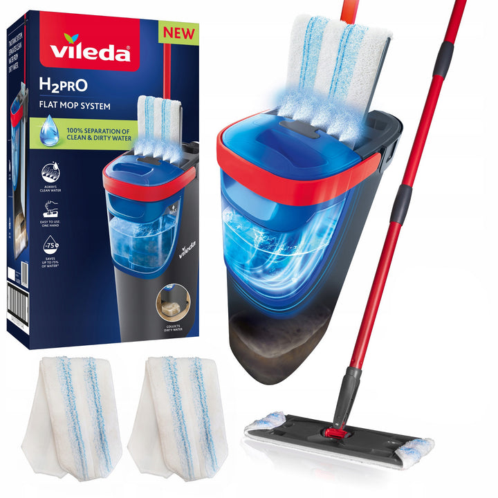 Balai à franges plat Vileda H2prO, séparation à 100 % de l'eau propre et de l'eau sale, deux réservoirs, 2 housses en microfibre, embout 360°, 175774