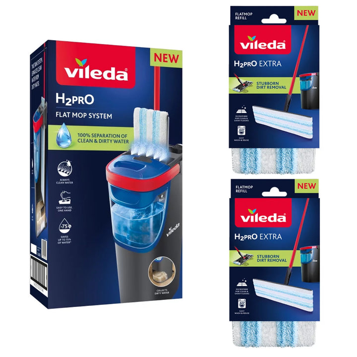 Balai à franges plat Vileda H2prO, séparation à 100 % de l'eau propre et de l'eau sale, deux réservoirs, 3 recharges en microfibre, embout 360°, 175774