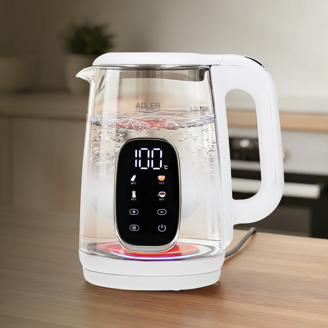 Bouilloire électrique en verre avec réglage de la température 1,7 L, LED, 40-100 °C, Adler AD 1305 WS blanc