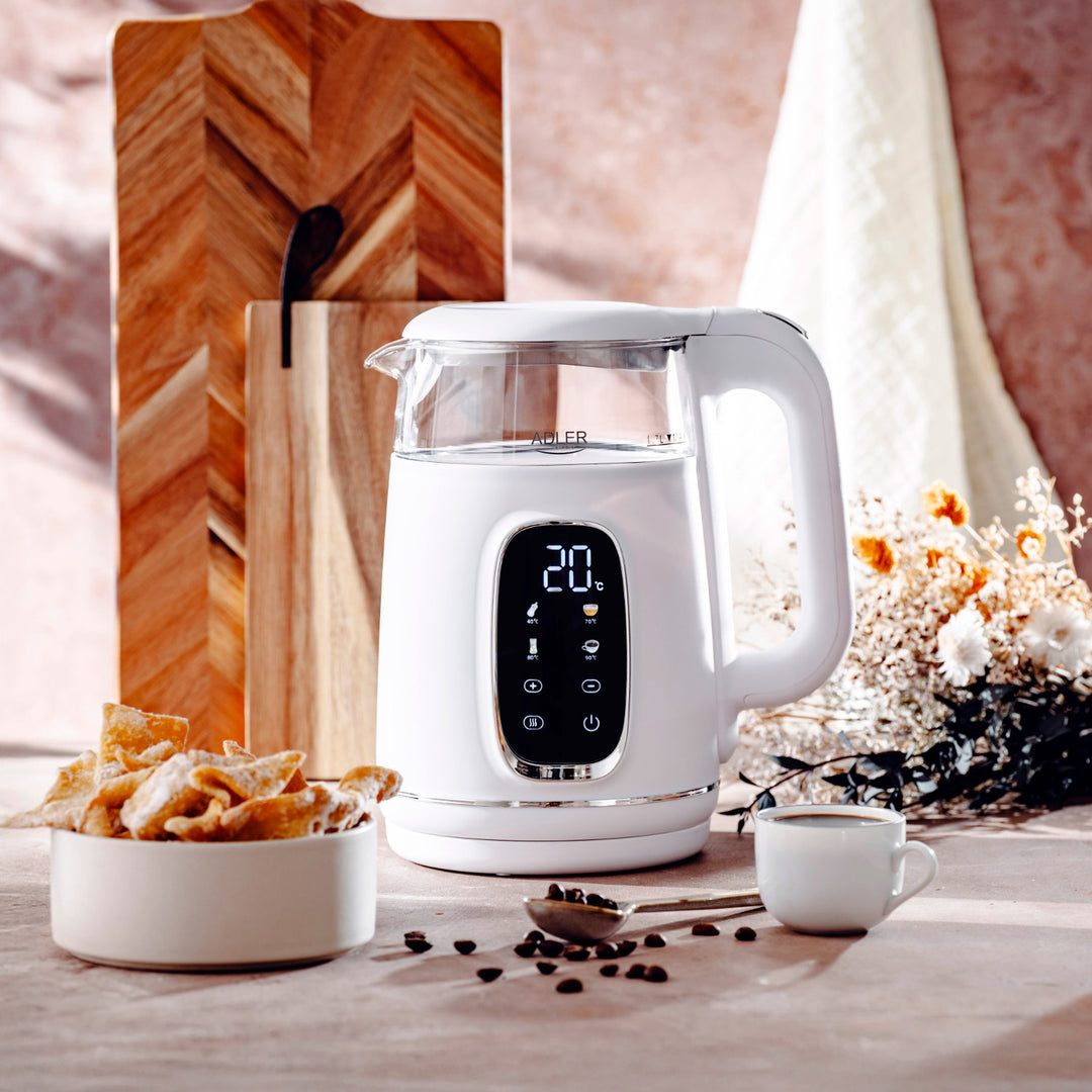 Bouilloire électrique en verre avec réglage de la température 1,7 L, LED, 40-100 °C, Adler AD 1305 WS blanc