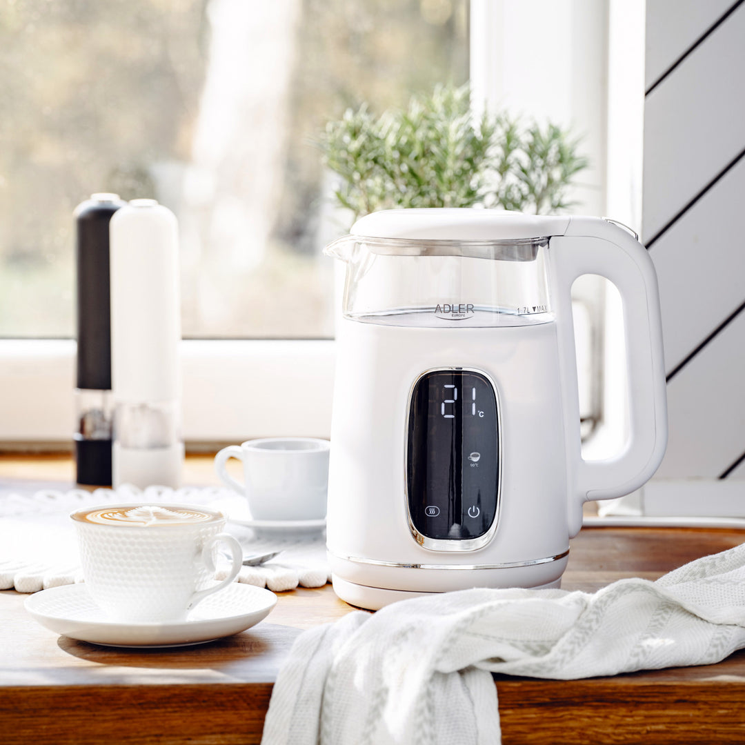 Bouilloire électrique en verre avec réglage de la température 1,7 L, LED, 40-100 °C, Adler AD 1305 WS blanc