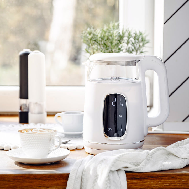 Bouilloire électrique en verre avec réglage de la température 1,7 L, LED, 40-100 °C, Adler AD 1305 WS blanc