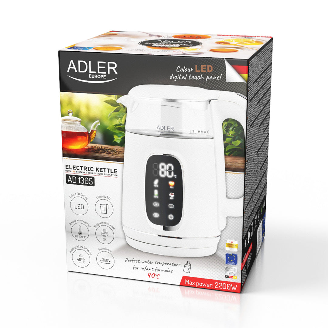 Bouilloire électrique en verre avec réglage de la température 1,7 L, LED, 40-100 °C, Adler AD 1305 WS blanc