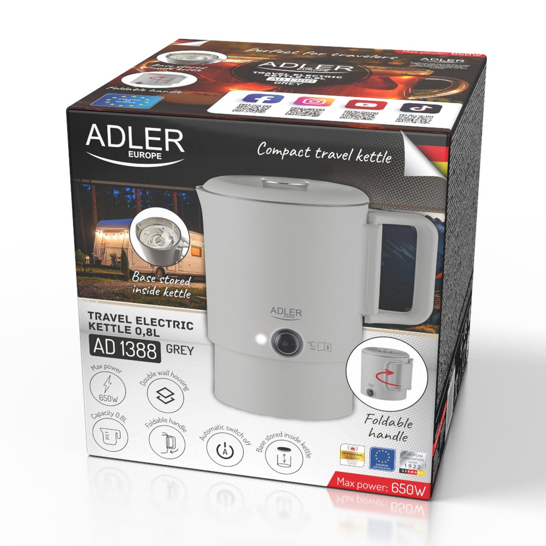 Bouilloire électrique Adler, de voyage, double paroi, capacité 0,8 l, puissance max. 650 W, grise, AD 1388