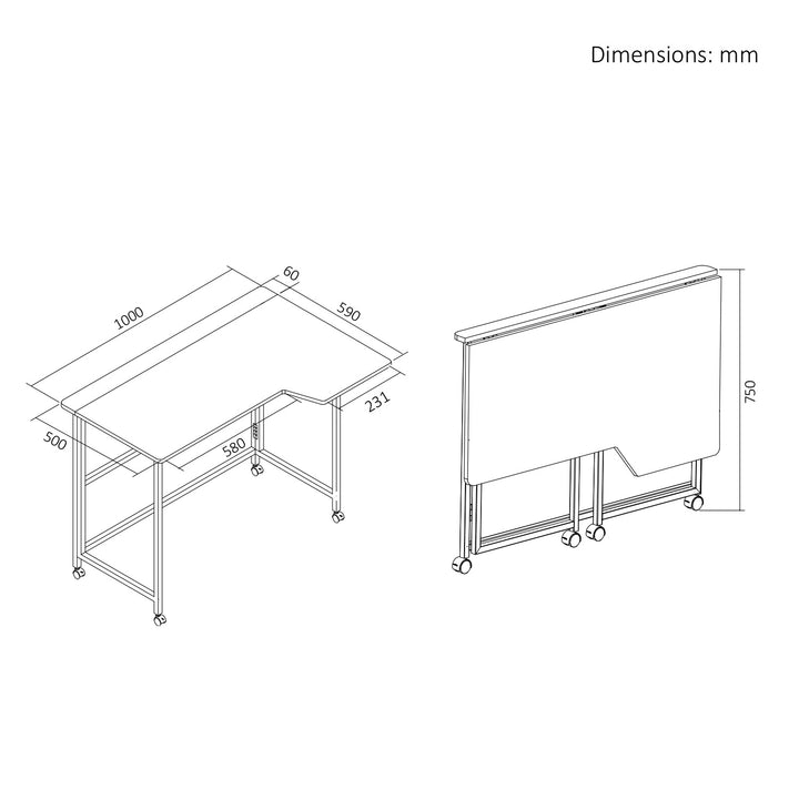 Bureau pliant Maclean, blanc, mobile, 100 x 65 cm, 50 kg max., en angle, en forme de L, MC-1250 L/W