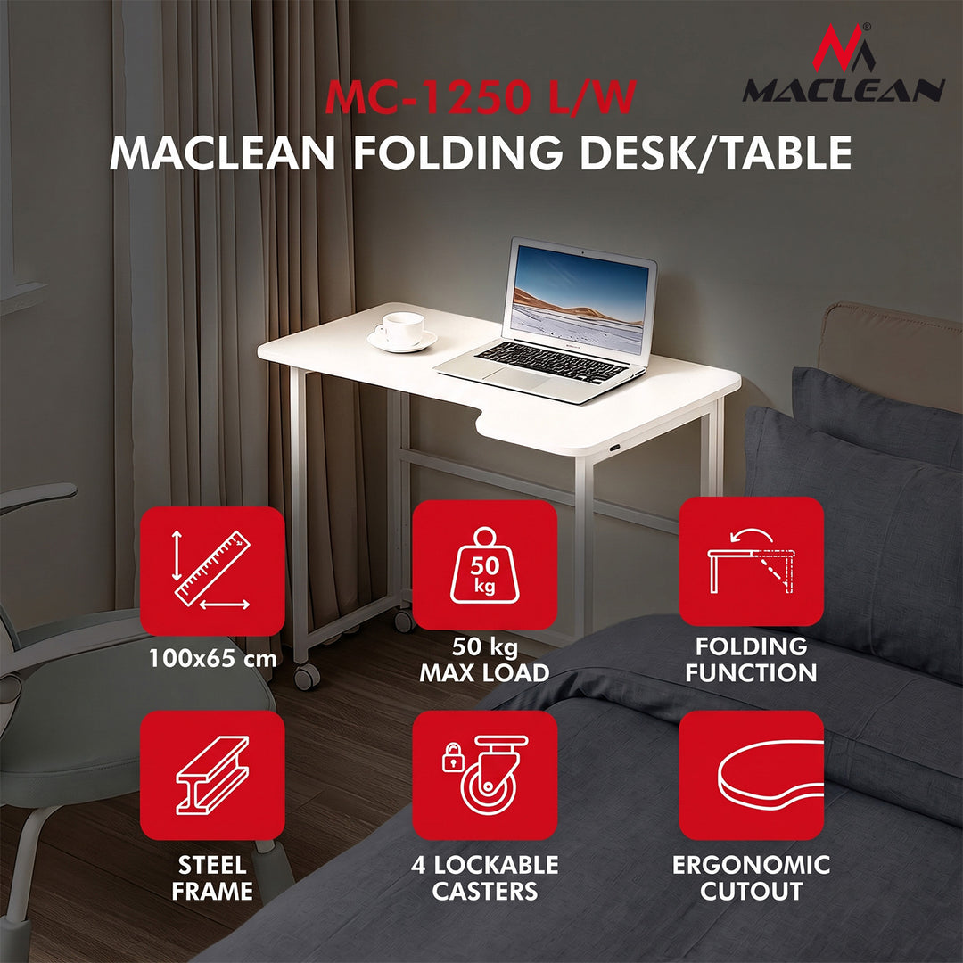 Bureau pliant Maclean, blanc, mobile, 100 x 65 cm, 50 kg max., en angle, en forme de L, MC-1250 L/W