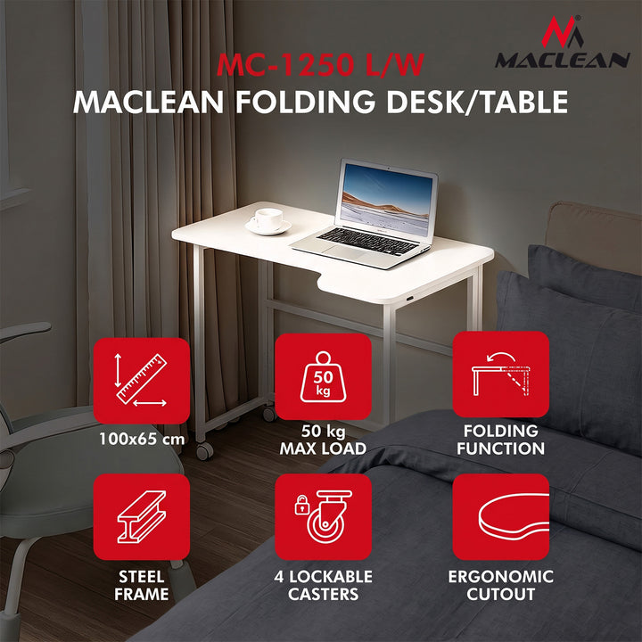 Bureau pliant Maclean, blanc, mobile, 100 x 65 cm, 50 kg max., en angle, en forme de L, MC-1250 L/W