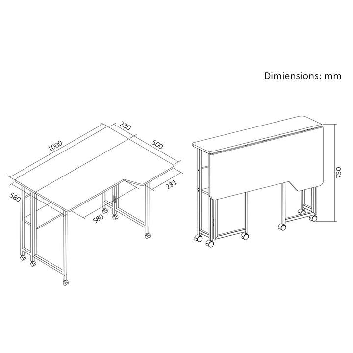 Bureau pliant / table Maclean, noir, mobile, 100 x 73 cm, 50 kg max., en angle, forme en L, MC-126 L/B