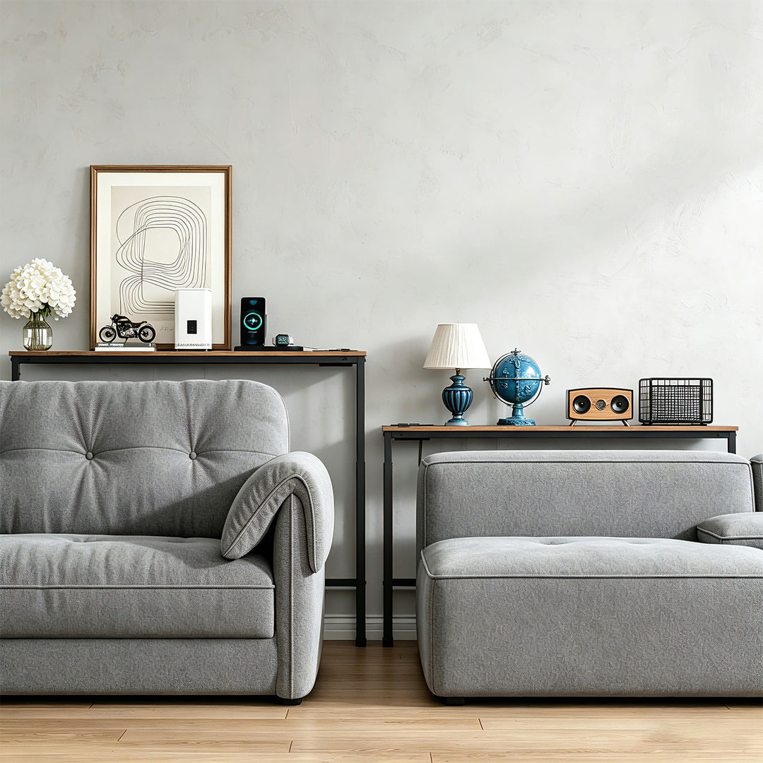 Console / table avec barre de recharge Maclean, noire avec plateau rustique, hauteur réglable de 62 à 83 cm, charge max. 25 kg, câble de 2,5 m, MC-140 B
