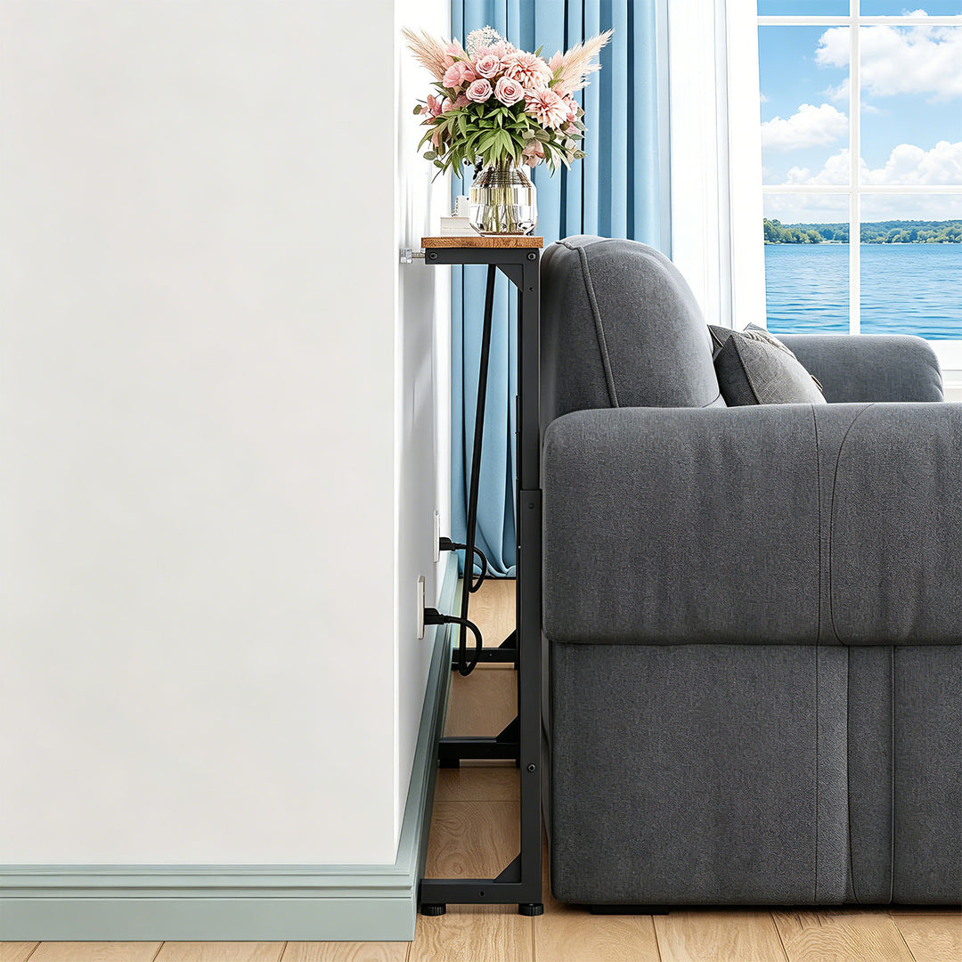 Console / table avec barre de recharge Maclean, noire avec plateau rustique, hauteur réglable de 62 à 83 cm, charge max. 25 kg, câble de 2,5 m, MC-140 B