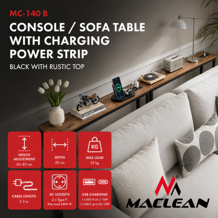 Console / table avec barre de recharge Maclean, noire avec plateau rustique, hauteur réglable de 62 à 83 cm, charge max. 25 kg, câble de 2,5 m, MC-140 B