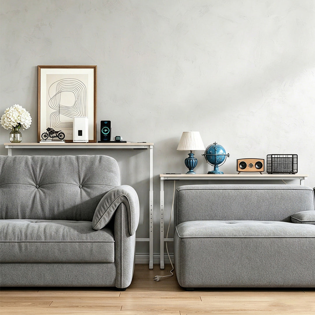 Console / table avec barre de recharge Maclean, blanche avec plateau clair, hauteur réglable de 62 à 83 cm, charge max. 25 kg, câble de 2,5 m, MC-140 W