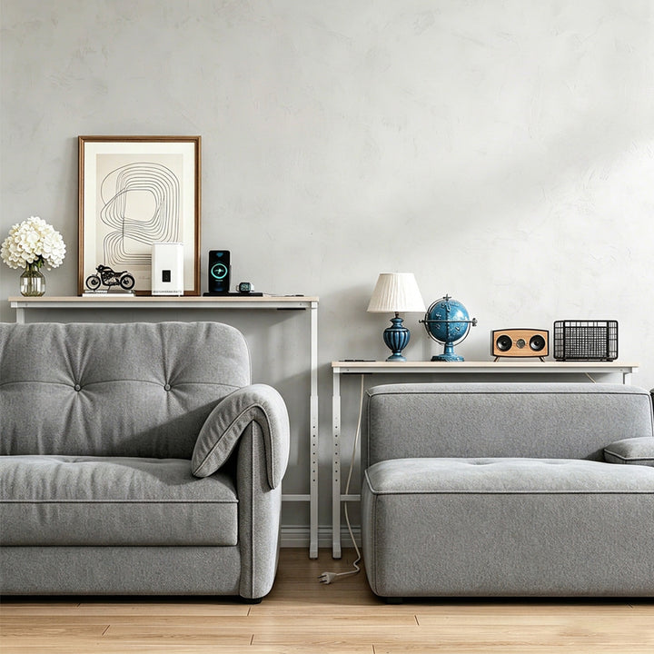 Console / table avec barre de recharge Maclean, blanche avec plateau clair, hauteur réglable de 62 à 83 cm, charge max. 25 kg, câble de 2,5 m, MC-140 W