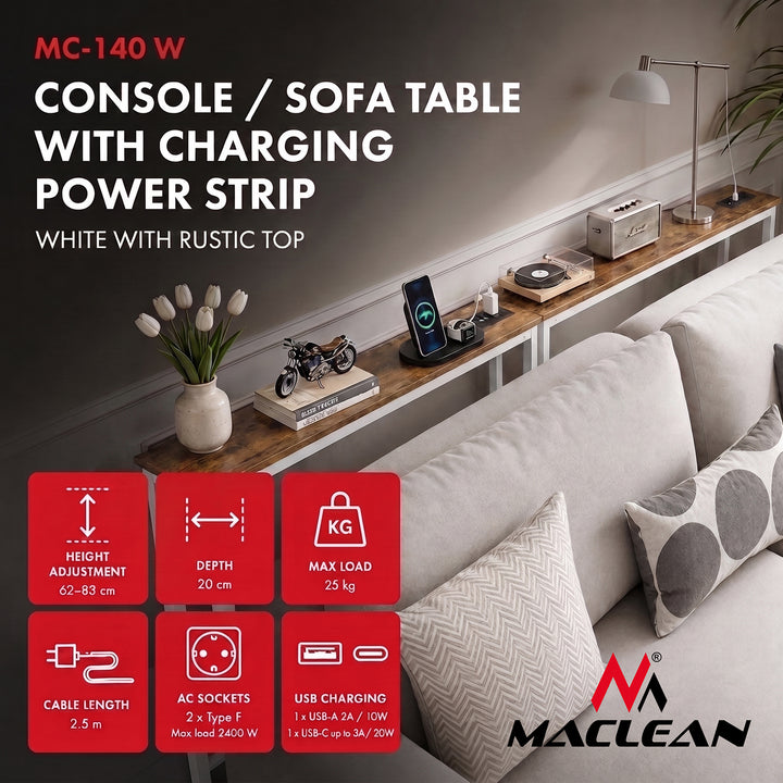 Console / table avec barre de recharge Maclean, blanche avec plateau clair, hauteur réglable de 62 à 83 cm, charge max. 25 kg, câble de 2,5 m, MC-140 W