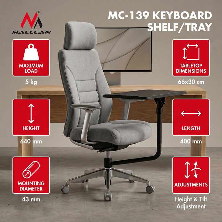 Tablette / plateau pour clavier Maclean, noir, dimensions du plateau : 66 x 30 cm, à fixer sur une chaise de bureau, charge max. 5 kg, MC-139