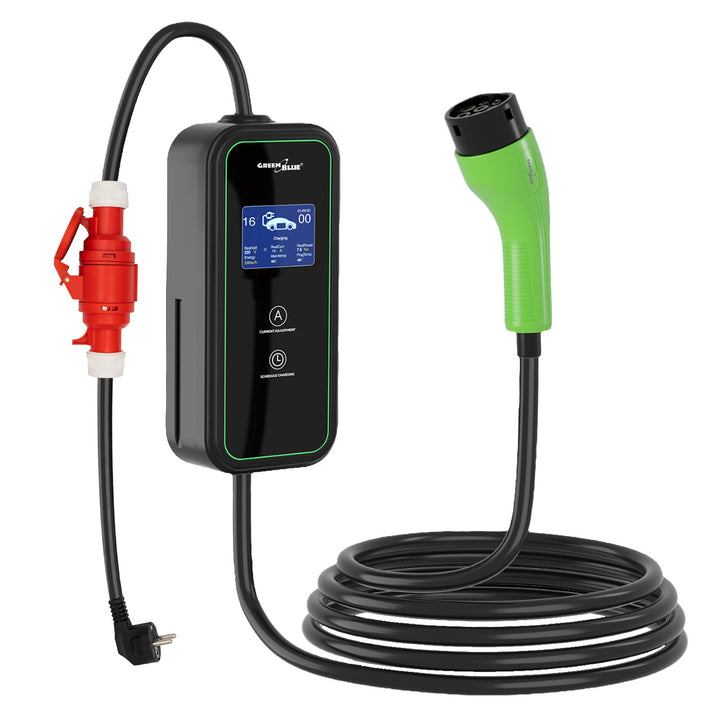 Chargeur pour véhicules électriques (EV) / hybrides rechargeables (PHEV) GreenBlue, portable, type 2, longueur de câble : 6,8 m, IP65, 11 kW, 220-380 V CA 50/60 Hz, 16 A, triphasé, GB1100