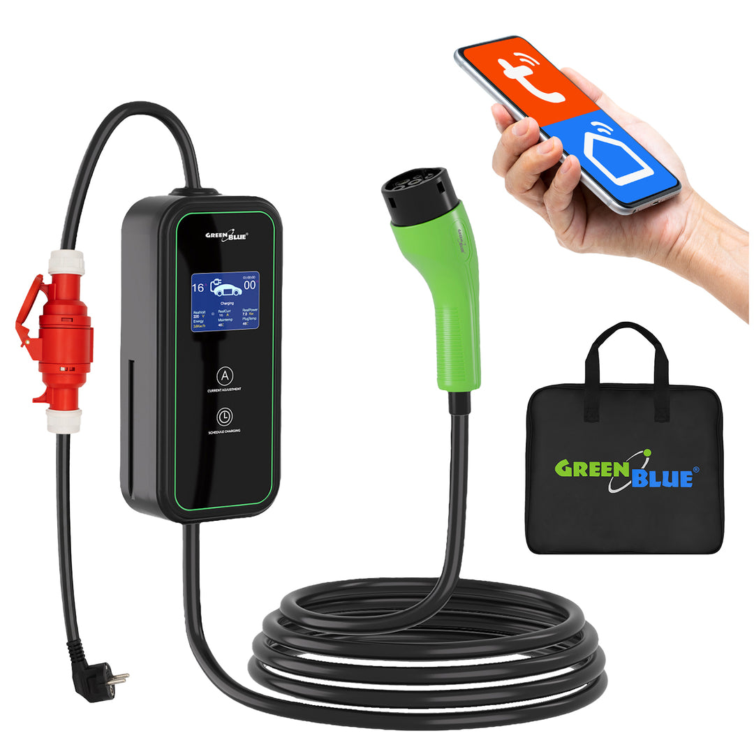 Chargeur pour véhicules électriques (EV) / hybrides rechargeables (PHEV) GreenBlue, portable, type 2, longueur de câble : 6,8 m, IP65, 11 kW, 220-380 V CA 50/60 Hz, 16 A, triphasé, GB1100