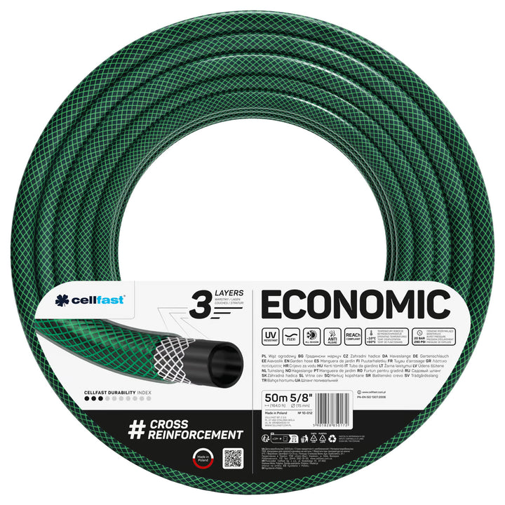 Tuyau d'arrosage Cellfast, 3 couches, tressage croisé en polyester, 5/8" 50 m, gamme Economic