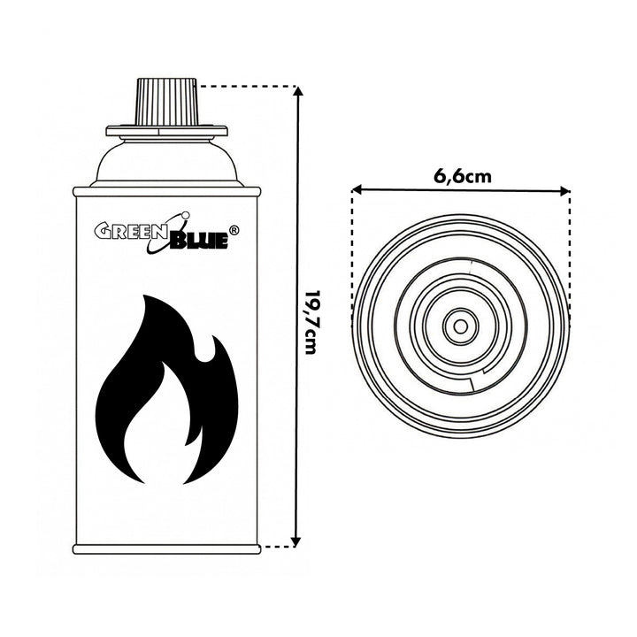 2 cartouches de gaz GreenBlue de 227 g. Certificat : Pi 0875, conforme à la norme EN 417, butane, plage de fonctionnement : -10 °C à +40 °C, GB227