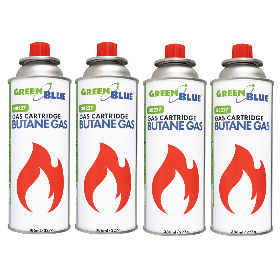 4 cartouches de gaz GreenBlue de 227 g. Certificat : Pi 0875, conforme à la norme EN 417, butane, plage de fonctionnement de -10 °C à +40 °C, GB227