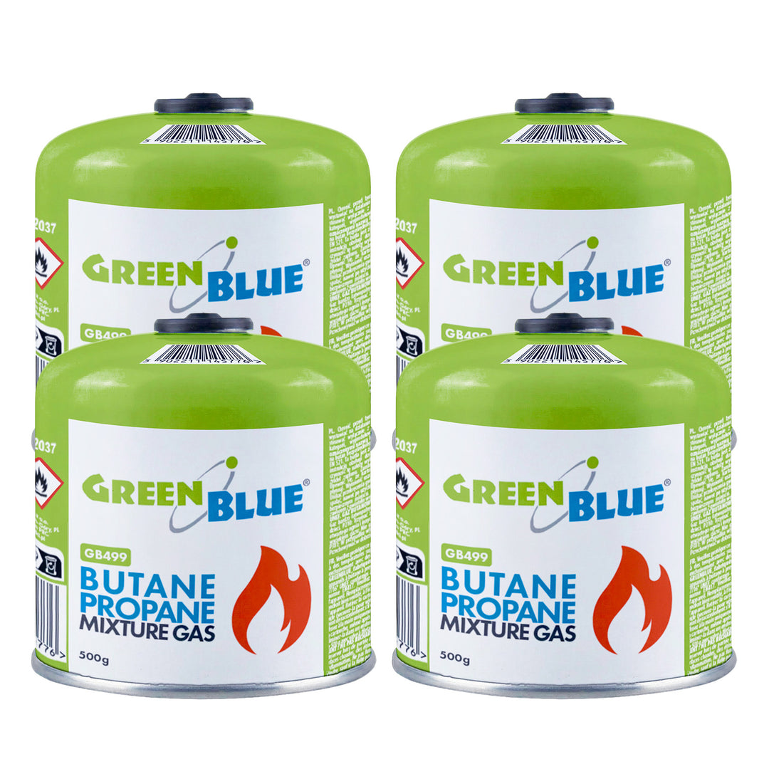 4 cartouches de gaz GreenBlue de 500 g. Certification : Pi 0437, conforme à la norme EN 417, butane-propane, plage de température de -10 °C à +40 °C, raccord fileté 7/16'' GB499