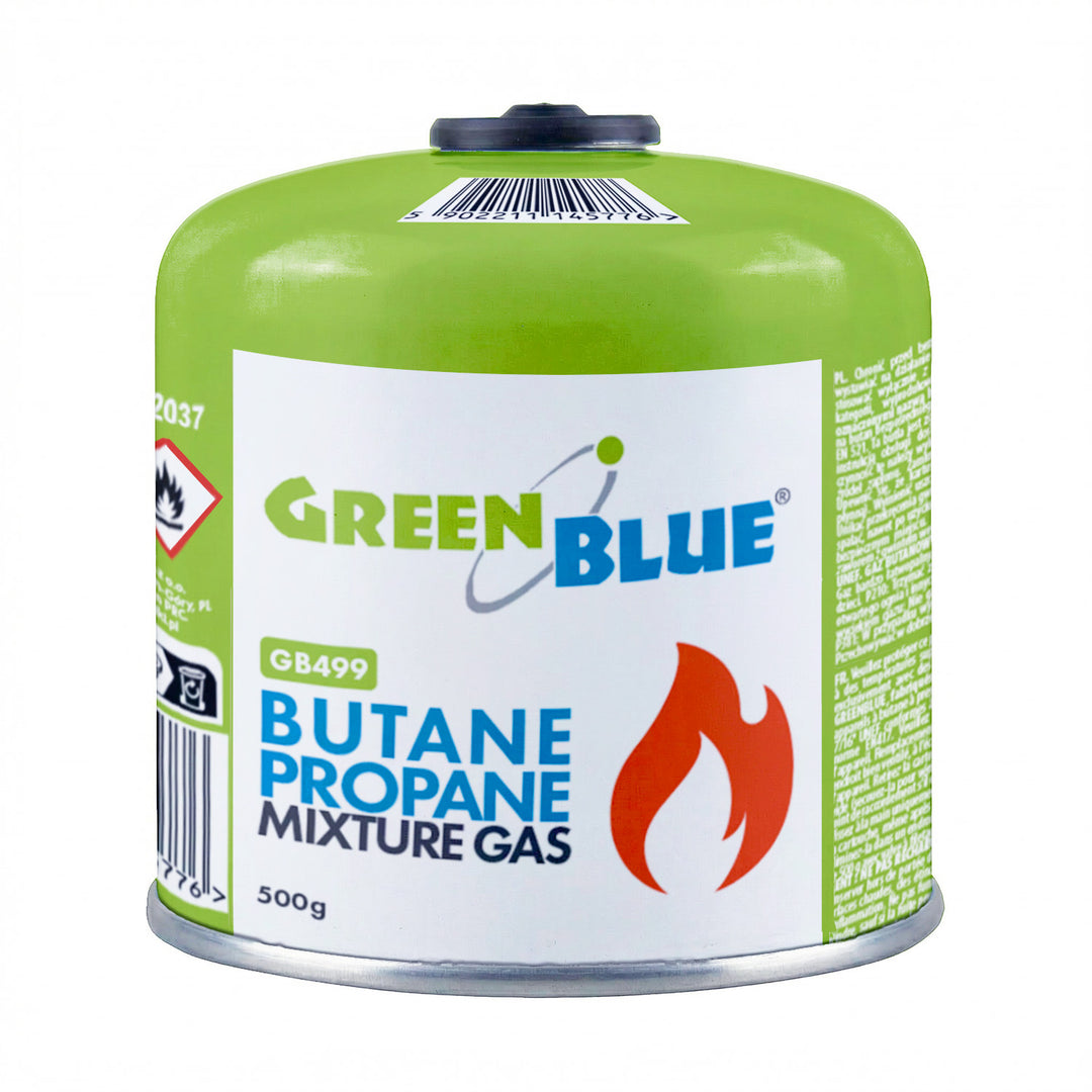 6 cartouches de gaz GreenBlue de 500 g. Certification : Pi 0437, conforme à la norme EN 417, butane-propane, plage de température de -10 °C à +40 °C, robinet fileté 7/16'' GB499