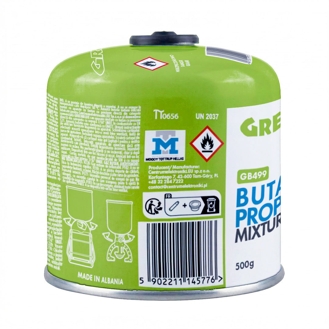 6 cartouches de gaz GreenBlue de 500 g. Certification : Pi 0437, conforme à la norme EN 417, butane-propane, plage de température de -10 °C à +40 °C, robinet fileté 7/16'' GB499