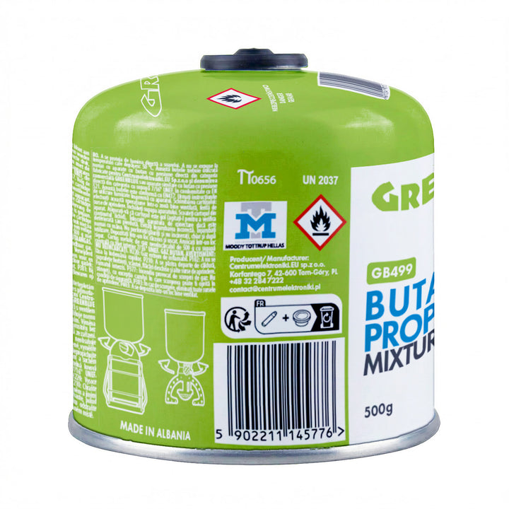6 cartouches de gaz GreenBlue de 500 g. Certification : Pi 0437, conforme à la norme EN 417, butane-propane, plage de température de -10 °C à +40 °C, robinet fileté 7/16'' GB499