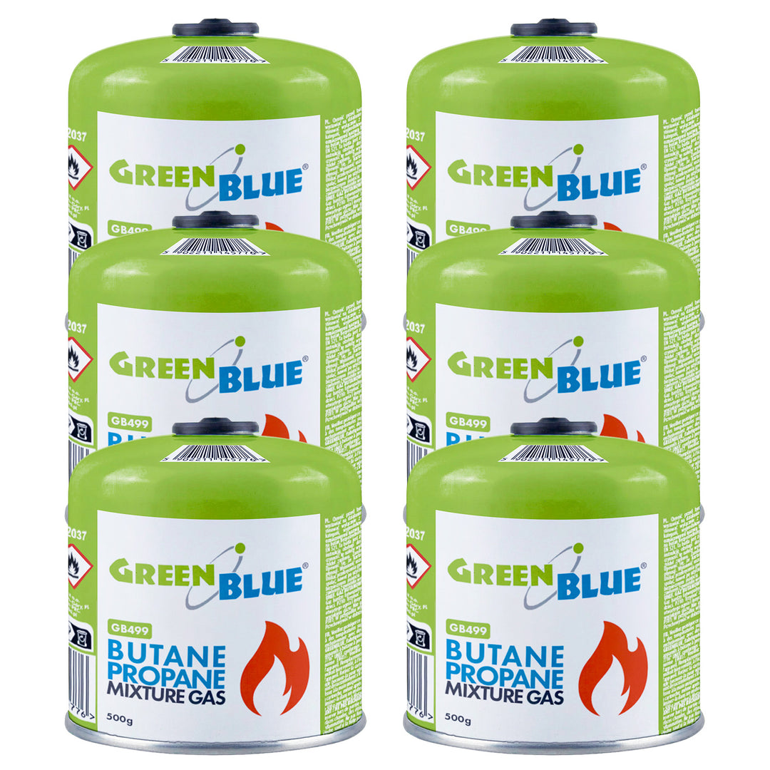 6 cartouches de gaz GreenBlue de 500 g. Certification : Pi 0437, conforme à la norme EN 417, butane-propane, plage de température de -10 °C à +40 °C, robinet fileté 7/16'' GB499